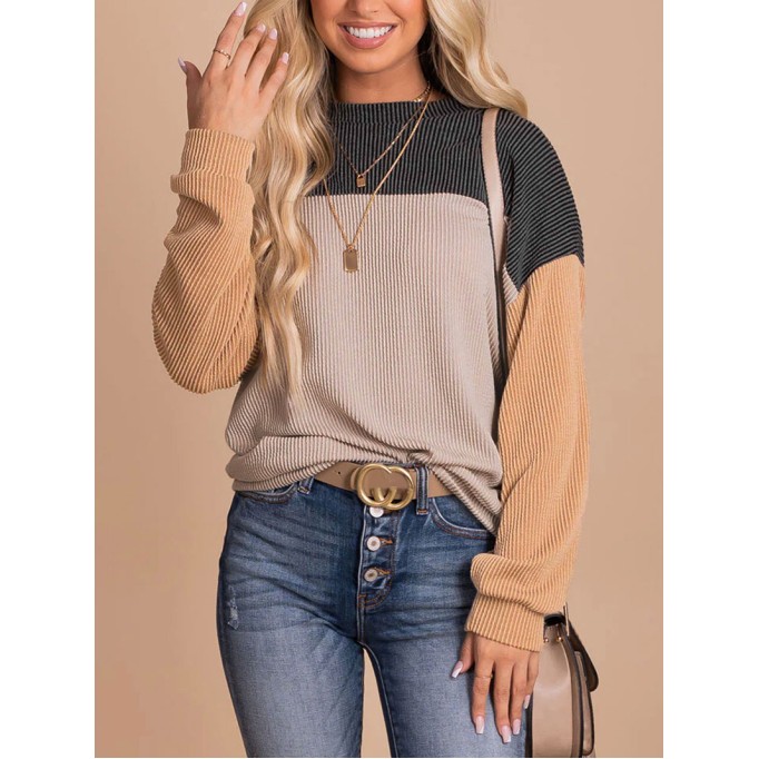 Black Color Block Long Sleeve Ribbed Loose Top