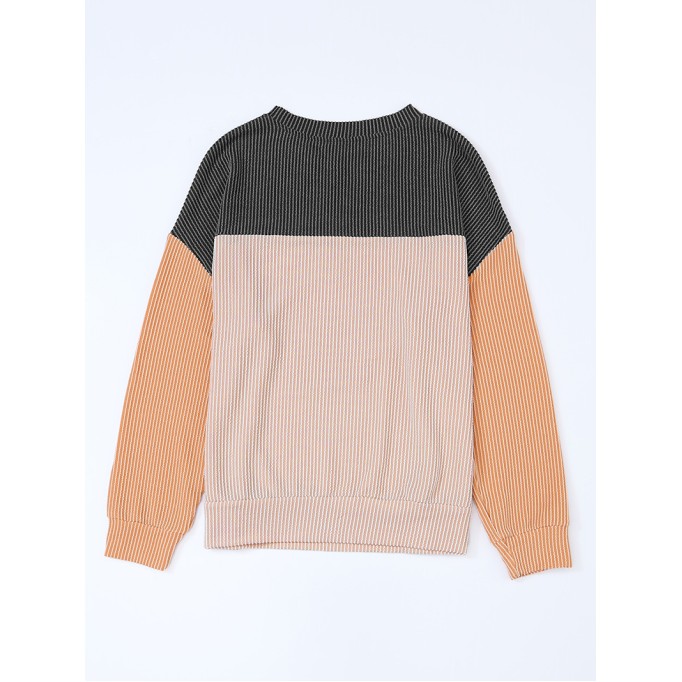 Black Color Block Long Sleeve Ribbed Loose Top