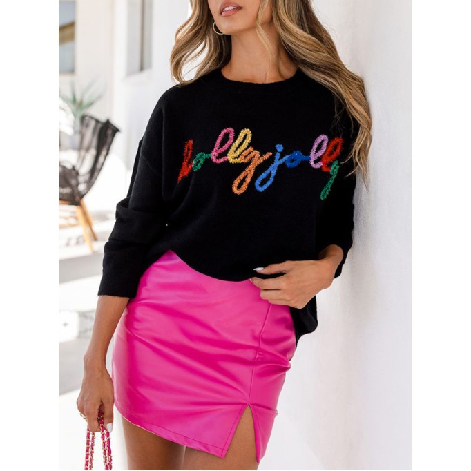 Black Holly Jolly Round Neck Casual Sweater