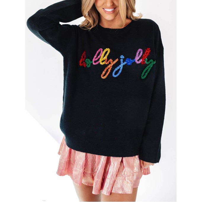 Black Holly Jolly Round Neck Casual Sweater