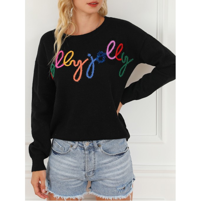 Black Holly Jolly Round Neck Casual Sweater
