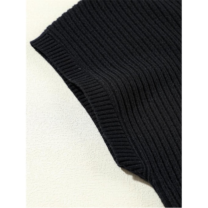 Black Patch Pocket Ribbed Knit Short Sleeve Sweater
