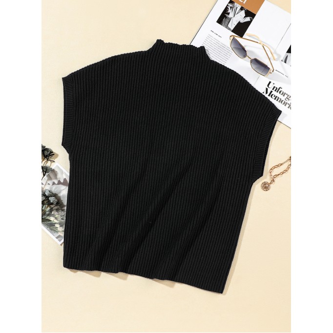 Black Patch Pocket Ribbed Knit Short Sleeve Sweater