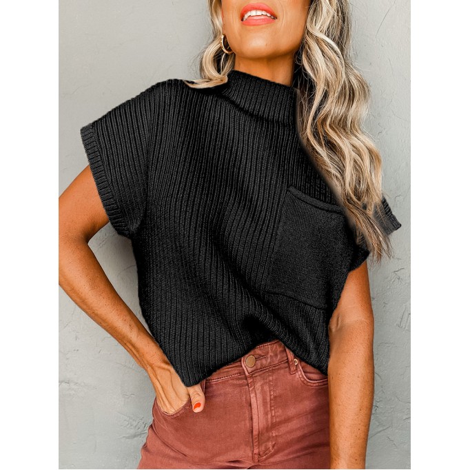 Black Patch Pocket Ribbed Knit Short Sleeve Sweater