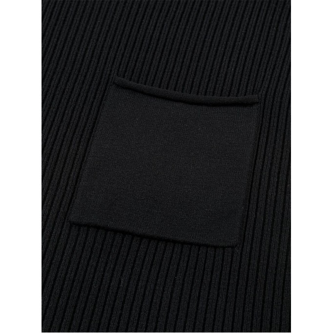 Black Patch Pocket Ribbed Knit Short Sleeve Sweater