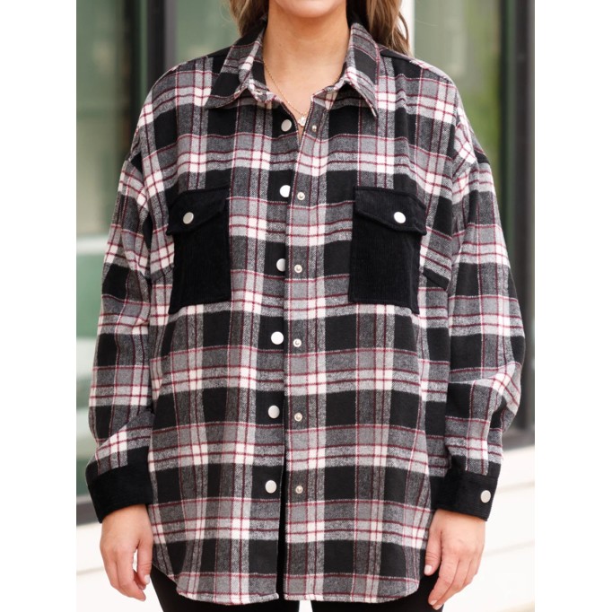 Black plaid patchwork pocket jacket