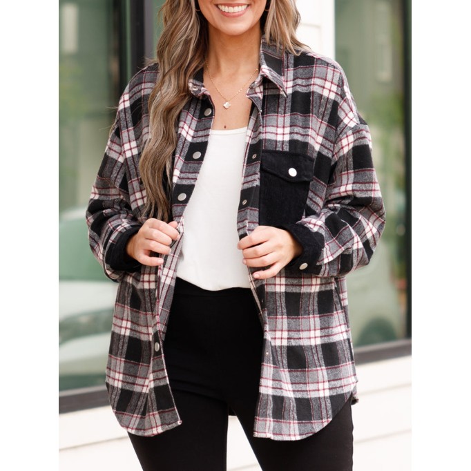 Black plaid patchwork pocket jacket