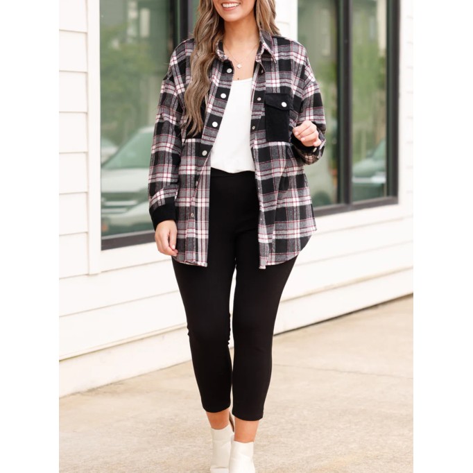 Black plaid patchwork pocket jacket