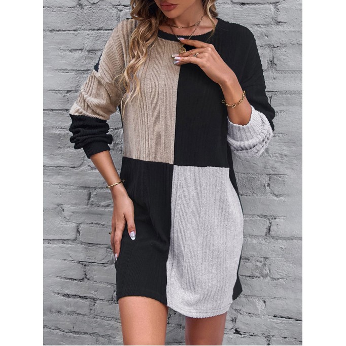 Black Ribbed Color Block Drop Shoulder Long Sleeve Mini Dress