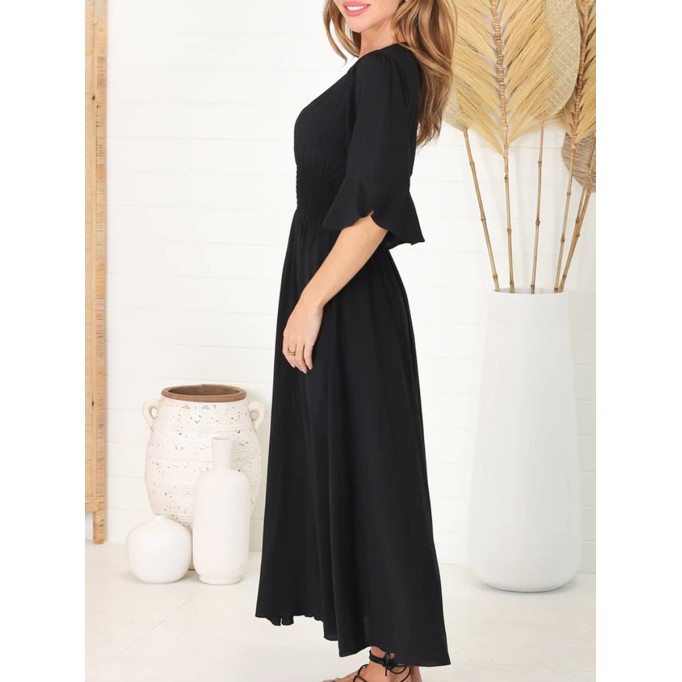 Black V-neck waist boho simple dress