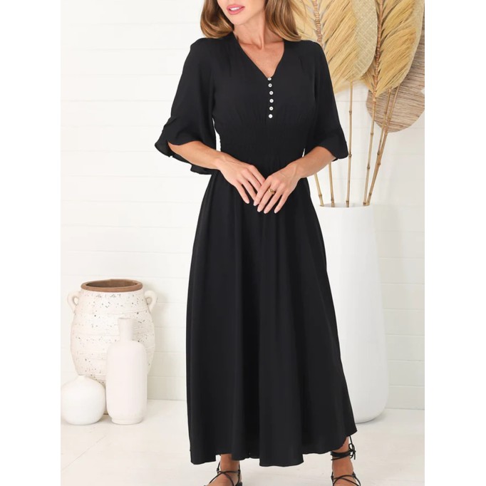 Black V-neck waist boho simple dress