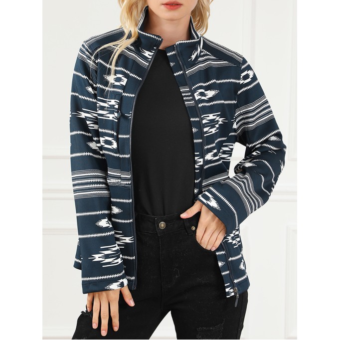 Black Western Aztec Print Zipped Jacket