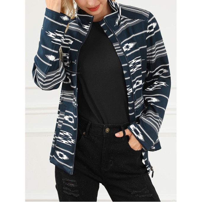 Black Western Aztec Print Zipped Jacket