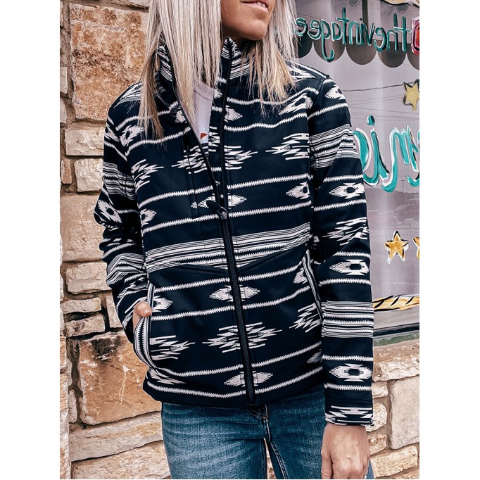 Black Western Aztec Print Zipped Jacket