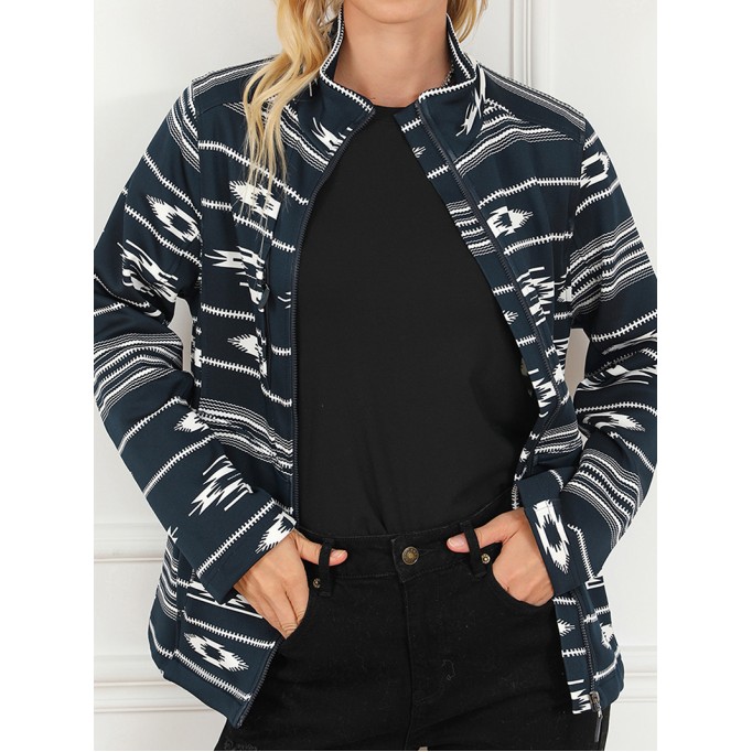 Black Western Aztec Print Zipped Jacket