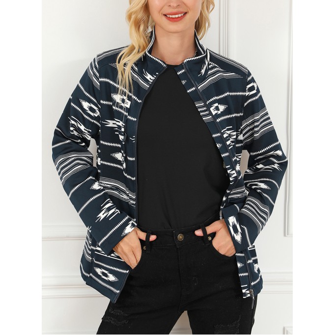 Black Western Aztec Print Zipped Jacket