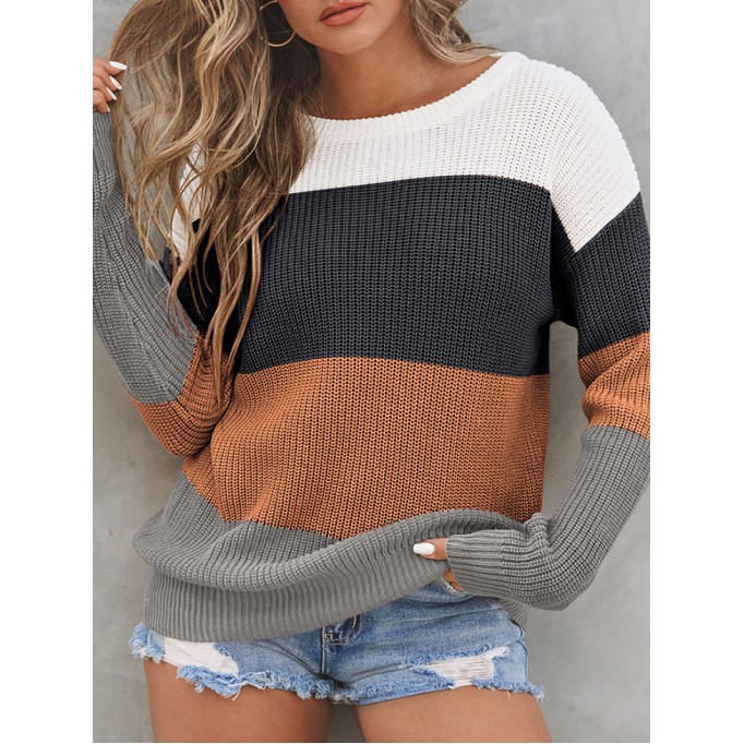 Block Knitted O-neck Pullover Sweater