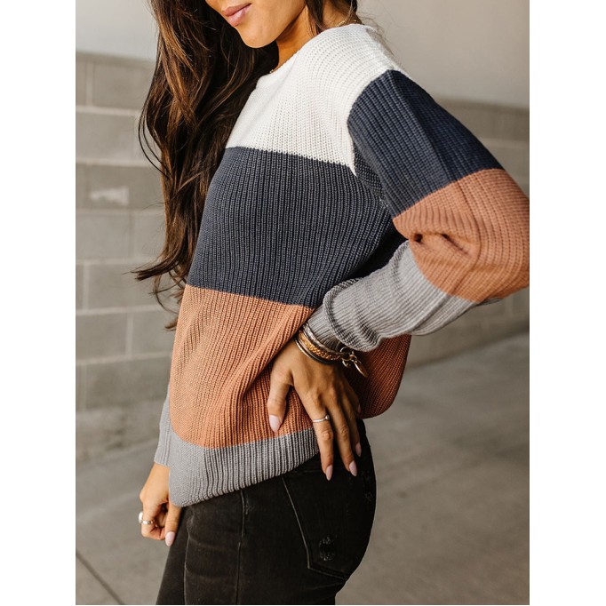 Block Knitted O-neck Pullover Sweater