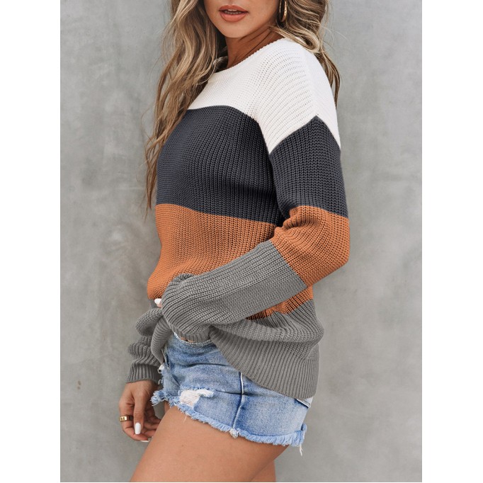 Block Knitted O-neck Pullover Sweater