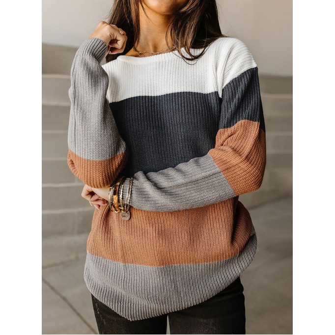Block Knitted O-neck Pullover Sweater