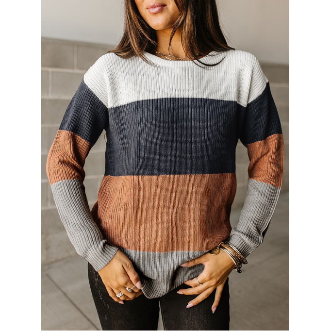Block Knitted O-neck Pullover Sweater