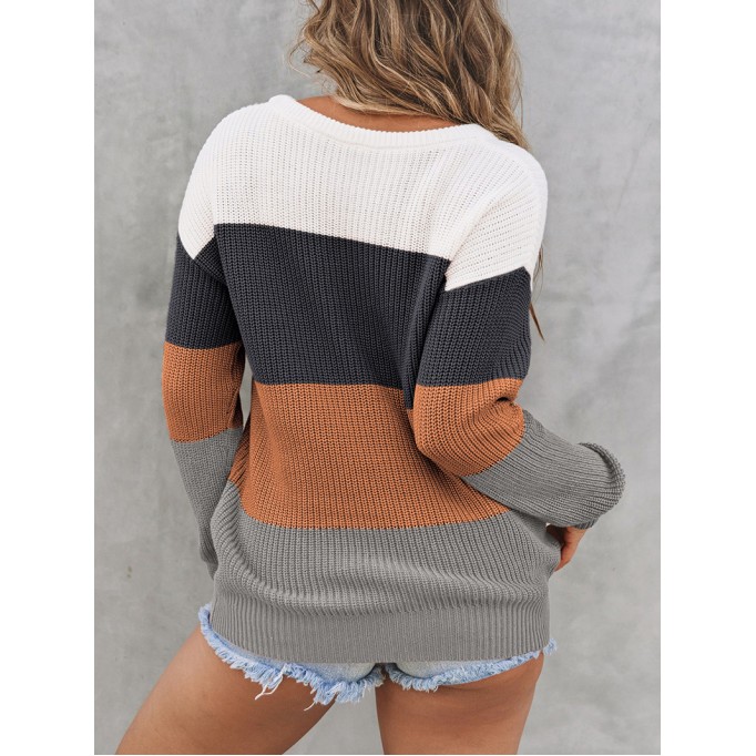 Block Knitted O-neck Pullover Sweater