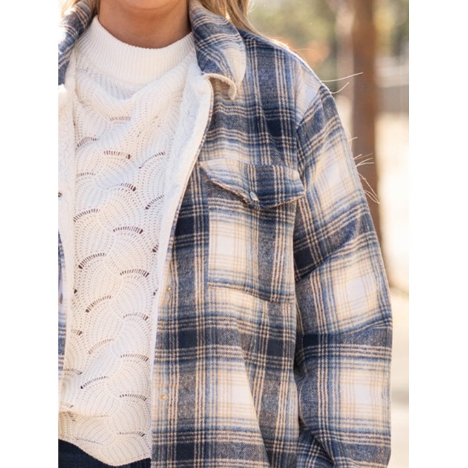 Blue plaid pattern pocket loose plush jacket