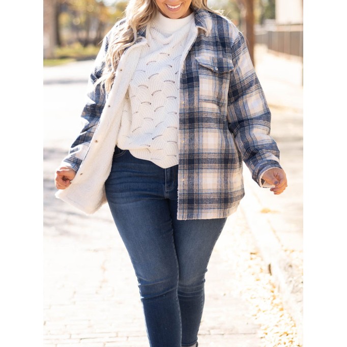Blue plaid pattern pocket loose plush jacket