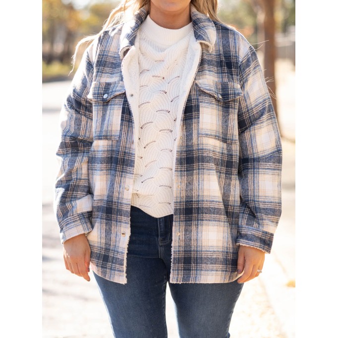 Blue plaid pattern pocket loose plush jacket