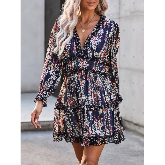 Blue Ruffle Detailing Open Back Floral Dress