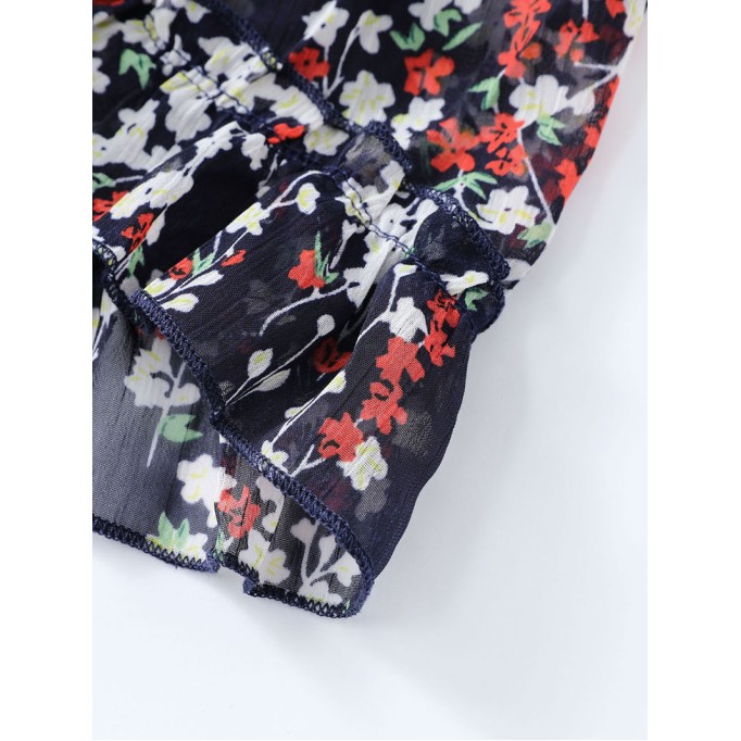 Blue Ruffle Detailing Open Back Floral Dress