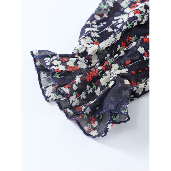 Blue Ruffle Detailing Open Back Floral Dress