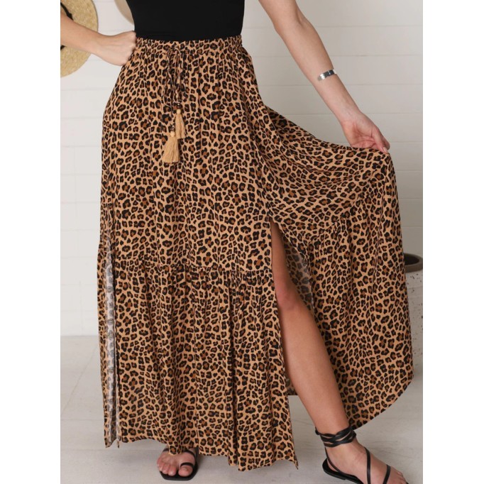 Bohemian high-waisted leopard print split half skirt