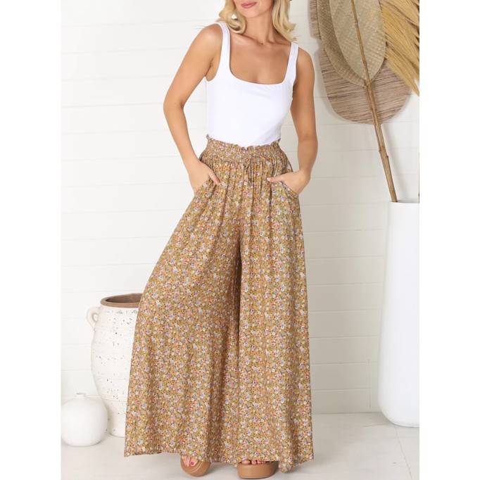 Boho high-waisted floral print trousers