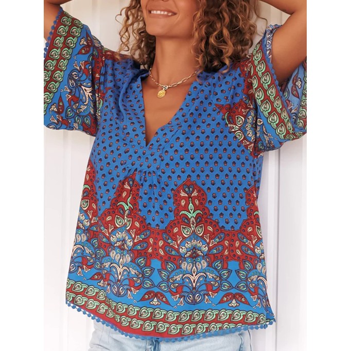 Boho V-neck position-print shirt