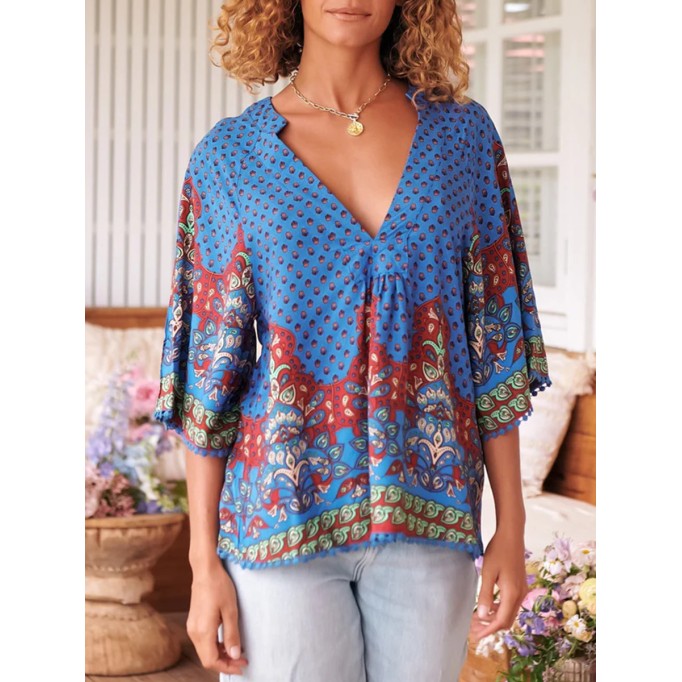 Boho V-neck position-print shirt