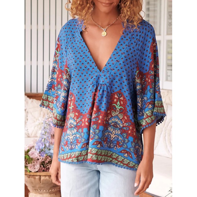 Boho V-neck position-print shirt