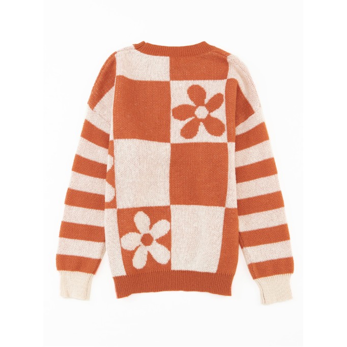 Brown Checkered Floral Print Striped Sleeve Sweater