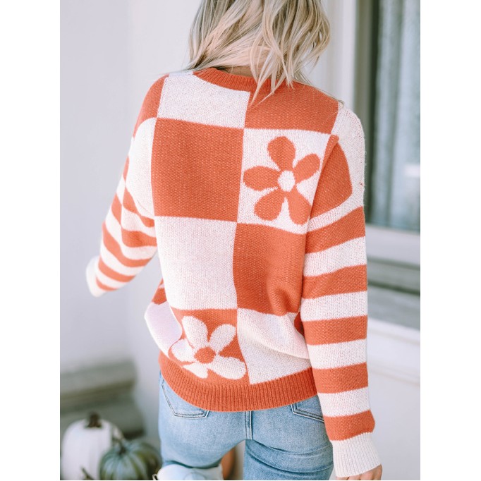 Brown Checkered Floral Print Striped Sleeve Sweater