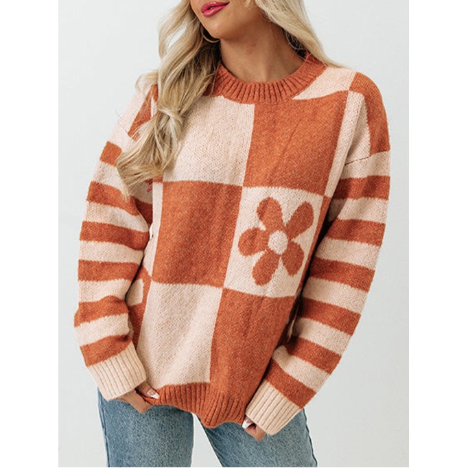 Brown Checkered Floral Print Striped Sleeve Sweater