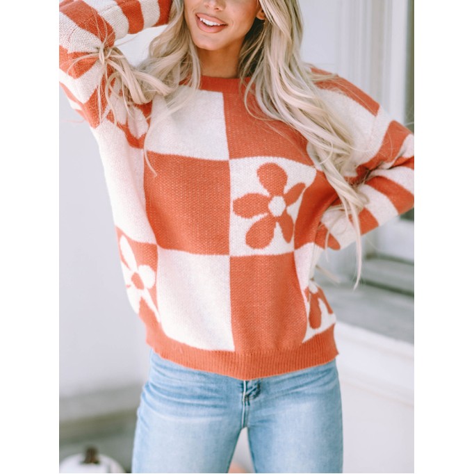 Brown Checkered Floral Print Striped Sleeve Sweater