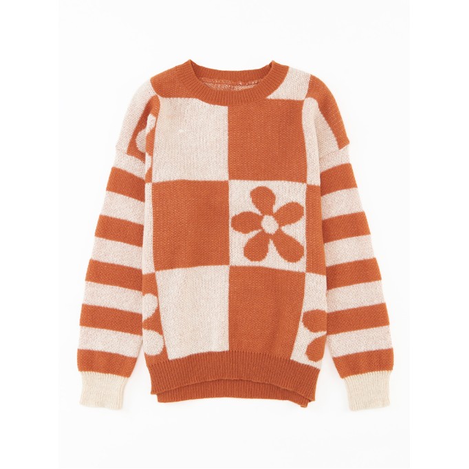Brown Checkered Floral Print Striped Sleeve Sweater
