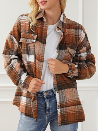 Brown Plaid Flap Pockets Shacket