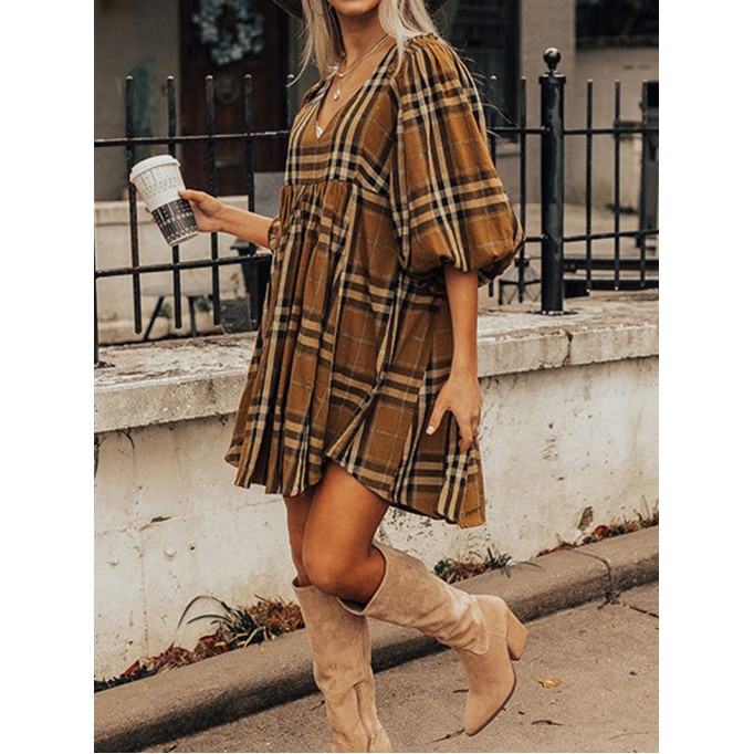 Brown Plaid Pattern Empire Waist Babydoll Dress