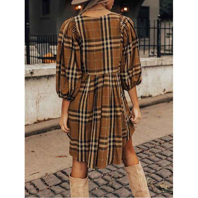 Brown Plaid Pattern Empire Waist Babydoll Dress