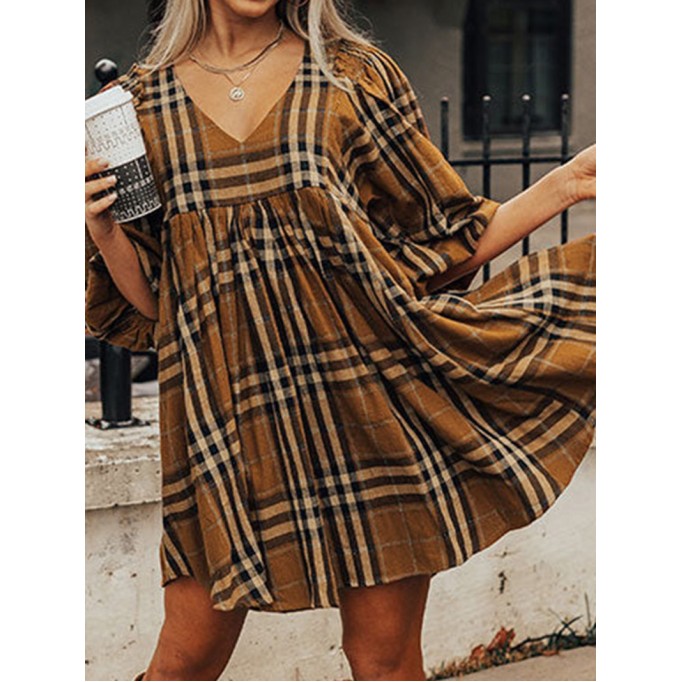 Brown Plaid Pattern Empire Waist Babydoll Dress