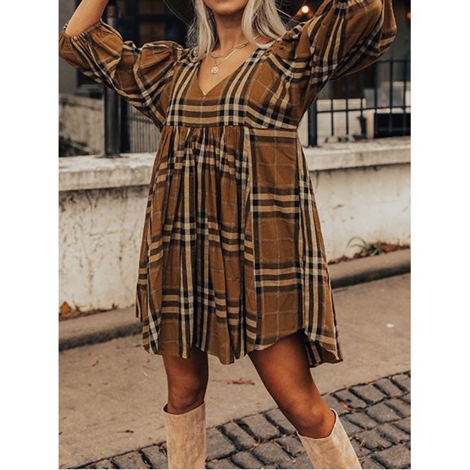 Brown Plaid Pattern Empire Waist Babydoll Dress