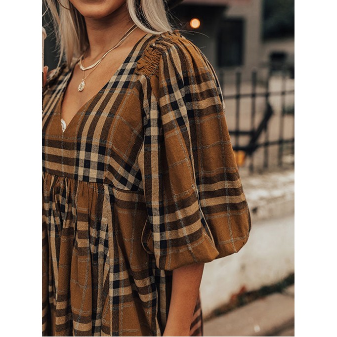 Brown Plaid Pattern Empire Waist Babydoll Dress