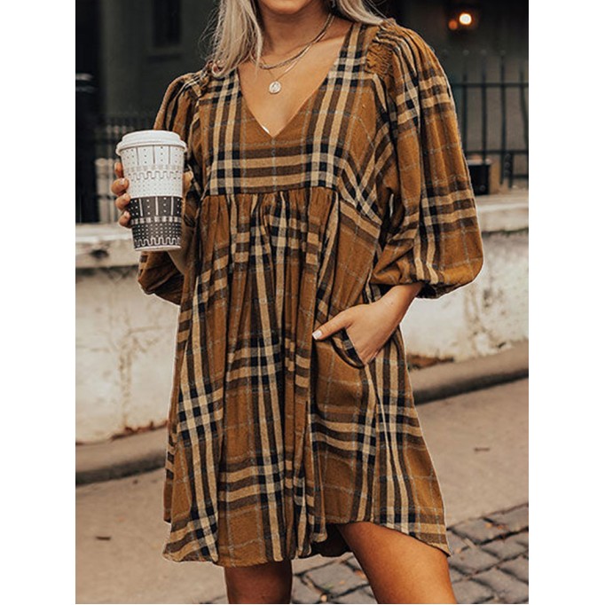 Brown Plaid Pattern Empire Waist Babydoll Dress