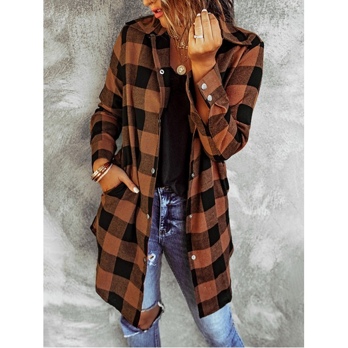 Brown Turn-down Collar Plaid Shirt Coat